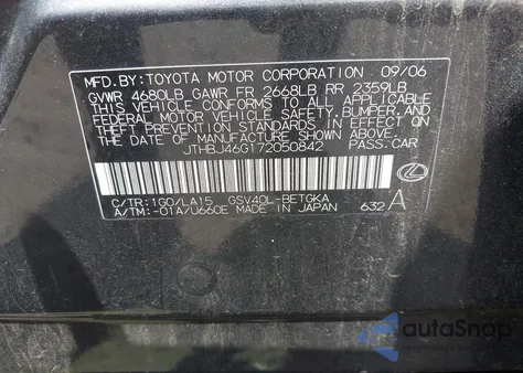 2007 Lexus Es 350 from USA, damaged, VIN JTHBJ46G172050842